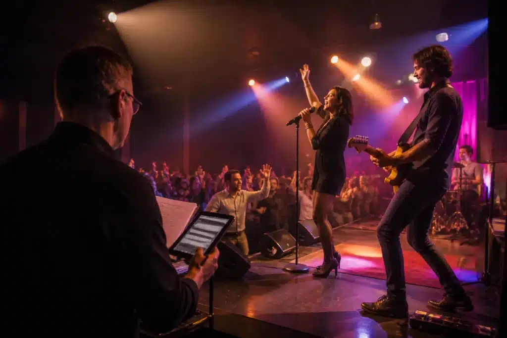 coverband op klein podium speelt voor dansend publiek, met organisator die setup controleert