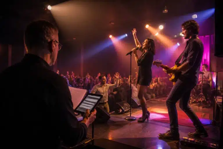 coverband op klein podium speelt voor dansend publiek, met organisator die setup controleert